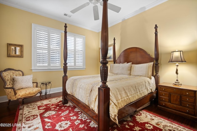 33 Little Pine Ct, Bluffton, SC 29910 - bedroom featuring dark wood-style floors, a ceiling fan, crown molding, baseboards, and visible vents