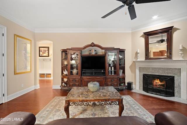 33 Little Pine Ct, Bluffton, SC 29910 - living area with wood finished floors, ornamental molding, arched walkways, and ceiling fan