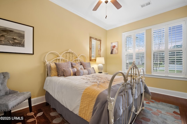 33 Little Pine Ct, Bluffton, SC 29910 - bedroom with visible vents, a ceiling fan, ornamental molding, dark wood-type flooring, and baseboards
