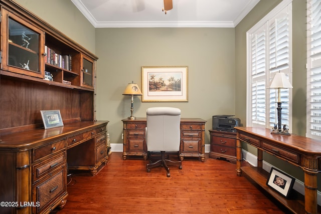 33 Little Pine Ct, Bluffton, SC 29910 - home office featuring ceiling fan, baseboards, ornamental molding, and dark wood finished floors