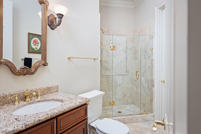 67 Winding Oak Dr, Okatie, SC 29909 - full bathroom featuring ornamental molding, a stall shower, toilet, and vanity