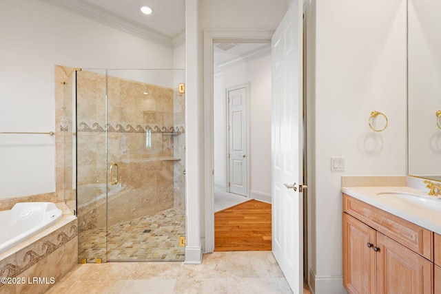 67 Winding Oak Dr, Okatie, SC 29909 - full bathroom featuring ornamental molding, a shower stall, a bath, and vanity