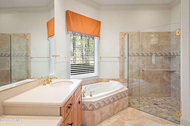 67 Winding Oak Dr, Okatie, SC 29909 - bathroom with ornamental molding, a shower stall, a bath, and vanity