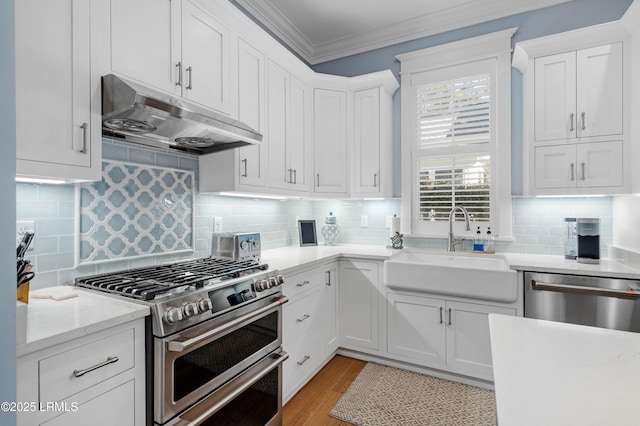 kitchen with stainless steel appliances, crown molding, sink, and white cabinets