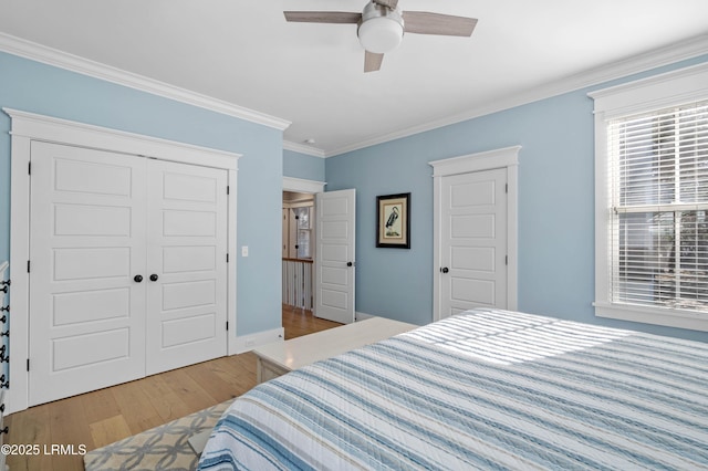 bedroom featuring ornamental molding, a closet, ceiling fan, and light wood-type flooring