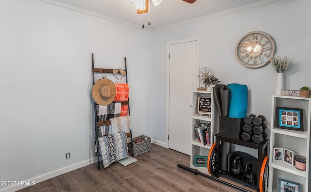 miscellaneous room with crown molding, ceiling fan, and hardwood / wood-style flooring