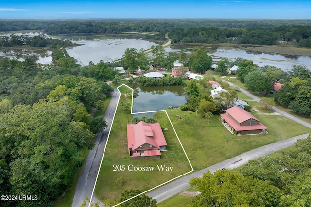 drone / aerial view featuring a water view