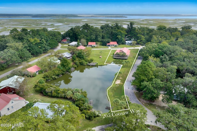 aerial view featuring a water view