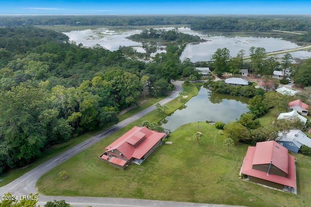 drone / aerial view featuring a water view