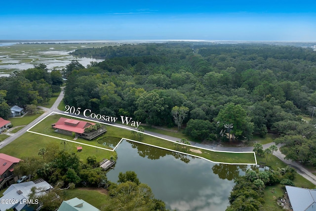 aerial view featuring a water view