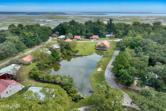 drone / aerial view with a water view