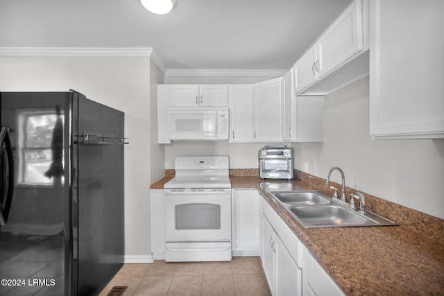 kitchen with white cabinetry, white appliances, sink, and light tile patterned floors