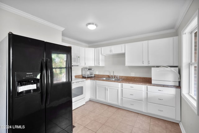 kitchen featuring white cabinetry, white appliances, crown molding, and sink