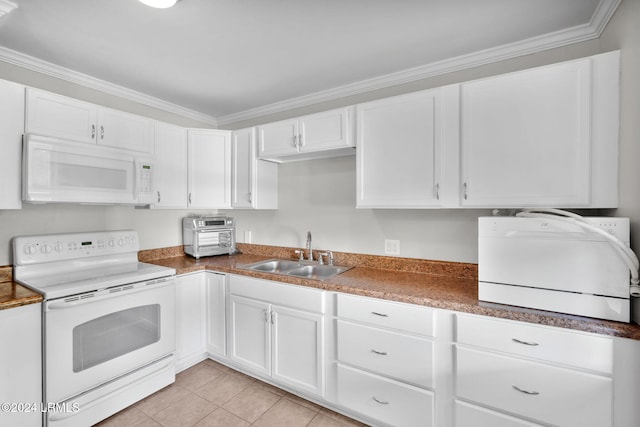 kitchen with sink, white cabinets, ornamental molding, light tile patterned floors, and white appliances