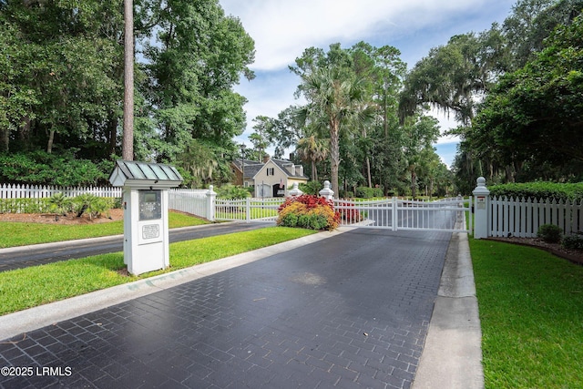 view of street featuring a gated entry, a gate, and curbs