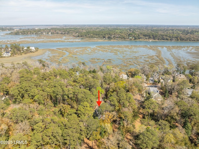 drone / aerial view featuring a water view and a forest view