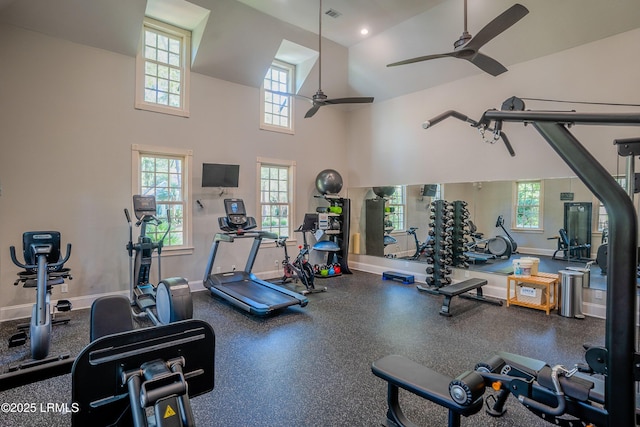 gym featuring high vaulted ceiling, baseboards, ceiling fan, and visible vents