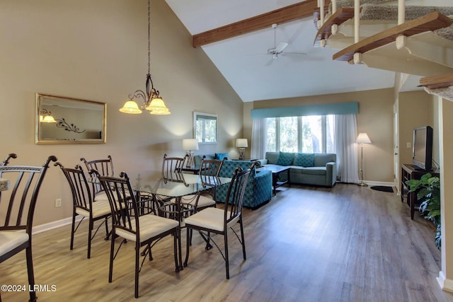 dining area with beamed ceiling, high vaulted ceiling, and hardwood / wood-style flooring