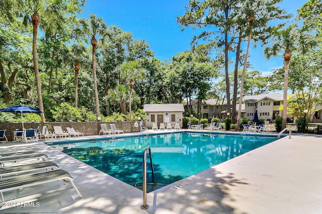 view of swimming pool with a patio