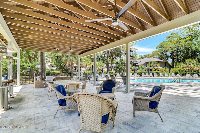 view of patio featuring a community pool and ceiling fan