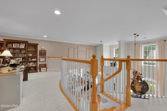 hallway with crown molding and light carpet