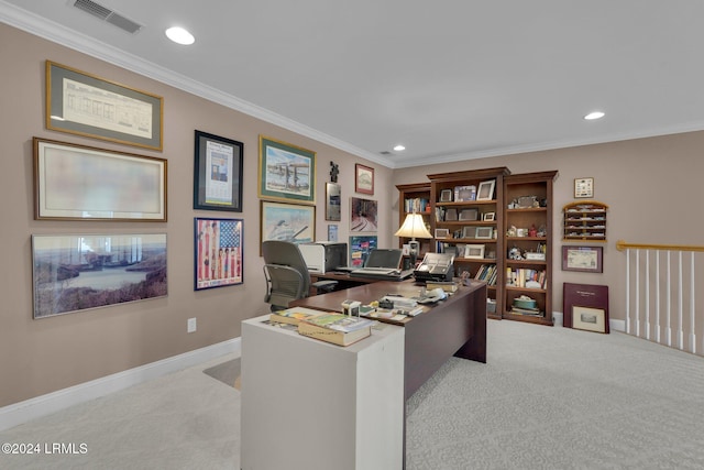 carpeted office with ornamental molding