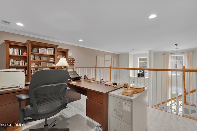 carpeted home office featuring ornamental molding