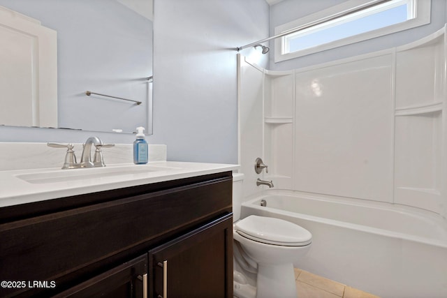 full bathroom featuring toilet, tile patterned floors, shower / bathing tub combination, and vanity