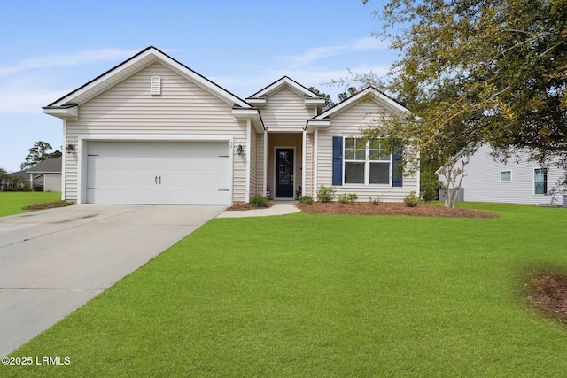 ranch-style home with driveway, a garage, and a front lawn