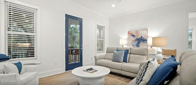 living room featuring baseboards and crown molding