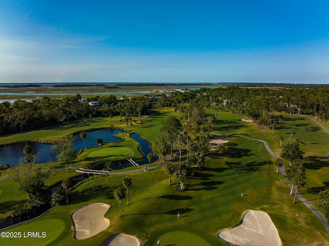 bird's eye view with view of golf course and a water view