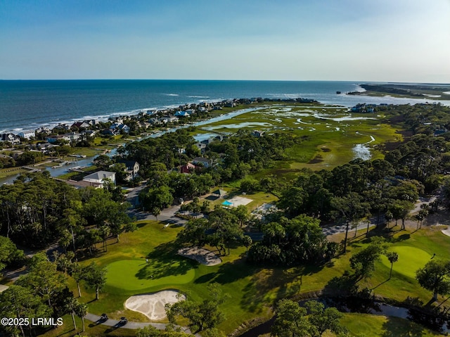 bird's eye view featuring golf course view and a water view