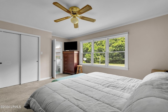 carpeted bedroom featuring crown molding, ceiling fan, and a closet