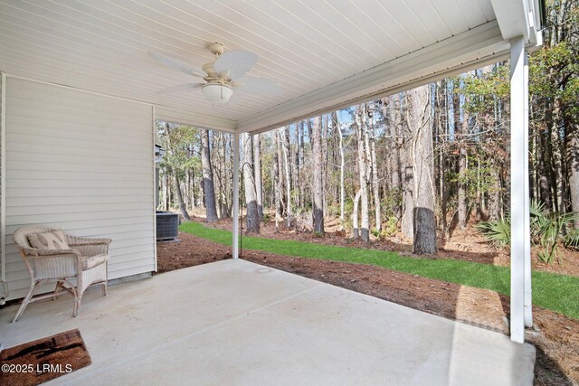 view of patio / terrace with central AC unit and a ceiling fan