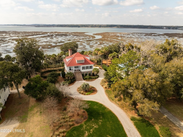 drone / aerial view with a water view