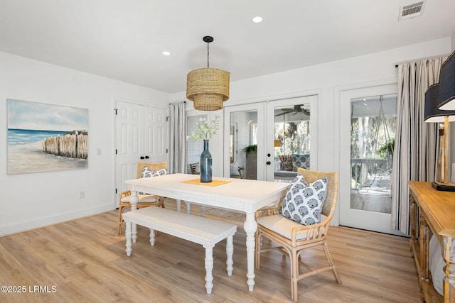 dining area with recessed lighting, visible vents, baseboards, french doors, and light wood-type flooring