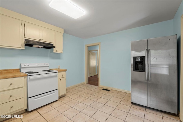 1803 Sixth St, Beaufort, SC 29902 - kitchen with stainless steel refrigerator with ice dispenser, electric range, under cabinet range hood, light countertops, and light tile patterned flooring