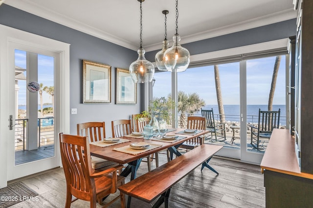 dining room featuring a healthy amount of sunlight, a water view, crown molding, and wood finished floors