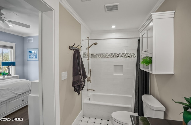 ensuite bathroom featuring connected bathroom, toilet, visible vents, ornamental molding, and shower / bath combo