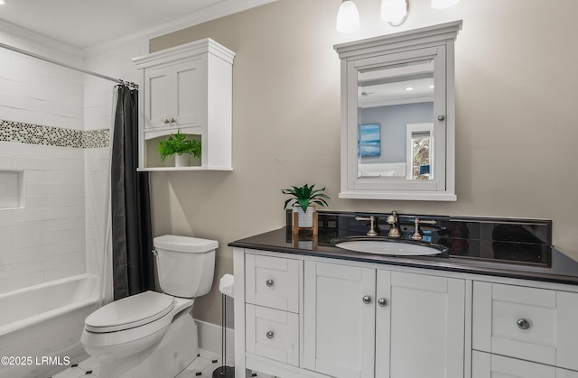 full bath featuring tile patterned flooring, toilet, vanity, ornamental molding, and shower / bath combo