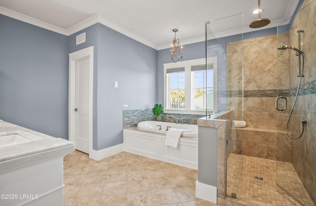 bathroom featuring a garden tub, visible vents, baseboards, ornamental molding, and a shower stall