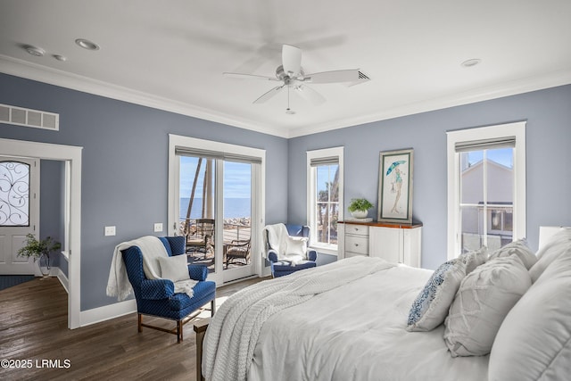 bedroom featuring visible vents, baseboards, access to outside, ornamental molding, and dark wood finished floors