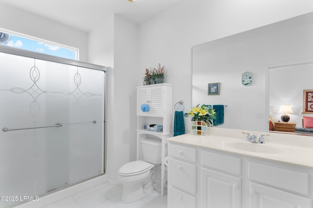 full bathroom featuring tile patterned flooring, a shower stall, toilet, and vanity