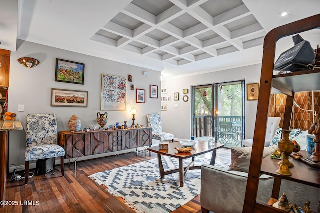 living area with crown molding, coffered ceiling, dark wood finished floors, and beamed ceiling