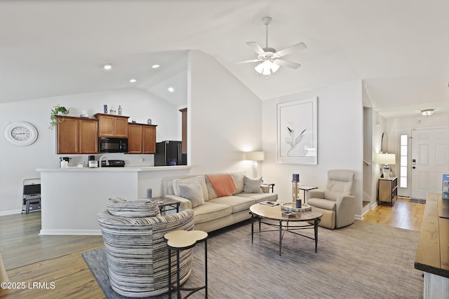 2110 River Rock Way, Beaufort, SC 29902 - living room with ceiling fan, light wood-type flooring, high vaulted ceiling, and recessed lighting