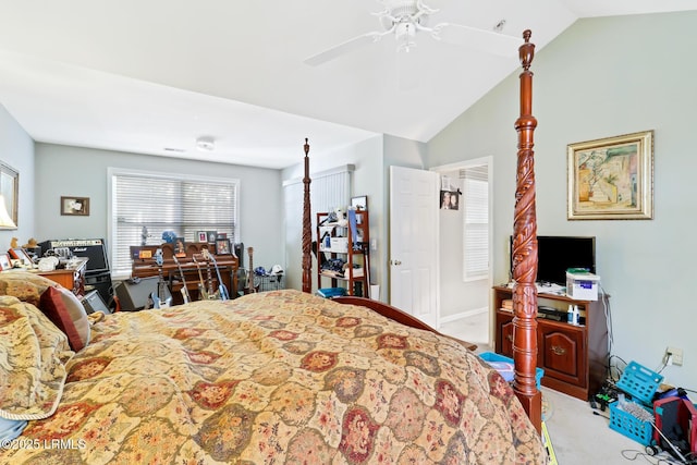 carpeted bedroom featuring vaulted ceiling and ceiling fan