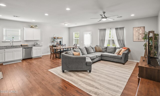 42 Pacolet Ln, Beaufort, SC 29906 - living area with light wood finished floors, a ceiling fan, visible vents, and recessed lighting