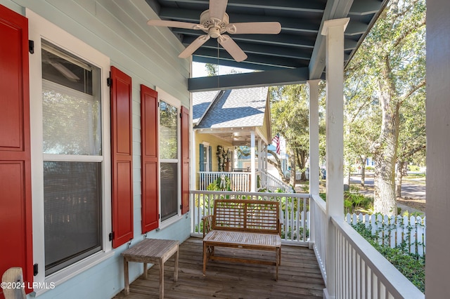 wooden deck with ceiling fan and a porch