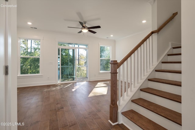 423 Parkside Commons, Bluffton, SC 29910 - foyer entrance featuring stairway, dark wood-style floors, a ceiling fan, and recessed lighting