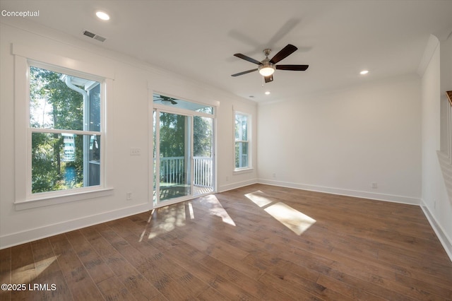 423 Parkside Commons, Bluffton, SC 29910 - empty room with crown molding, a ceiling fan, dark wood-type flooring, and recessed lighting